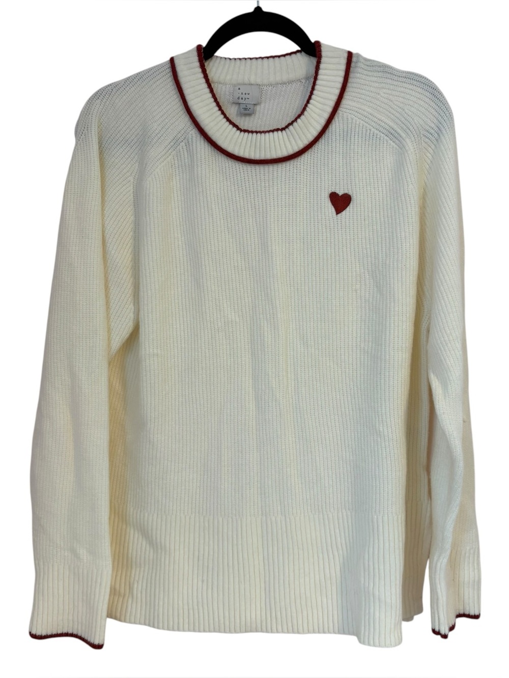 a new day NWOT Cream Knit Sweater with Red Trim and Heart Detail